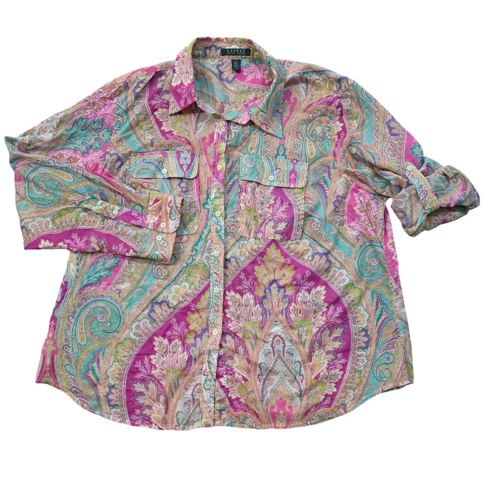Lauren Ralph Lauren Pink Paisley Roll Tab Sleeve Cotton Button Down Shirt 2X